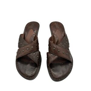 Born Brown Leather Studded Cross Straps Slide Sandal Heel Size 9 M/W W6230 D6